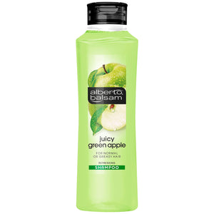 Alberto Balsam Champú Manzana Verde, botella vertiendo, aroma frutal para cabello limpio y fresco.