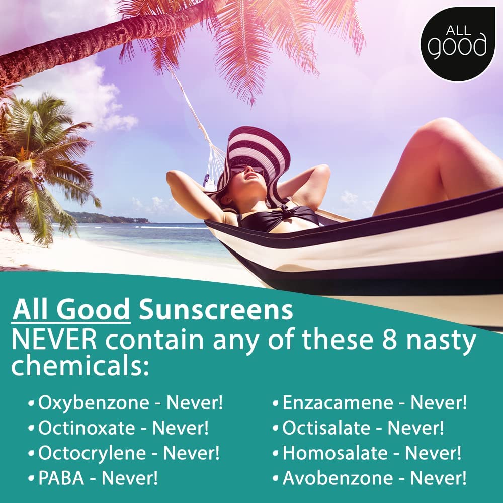 All Good Sunscreen resistente al agua, ideal para actividades al aire libre.