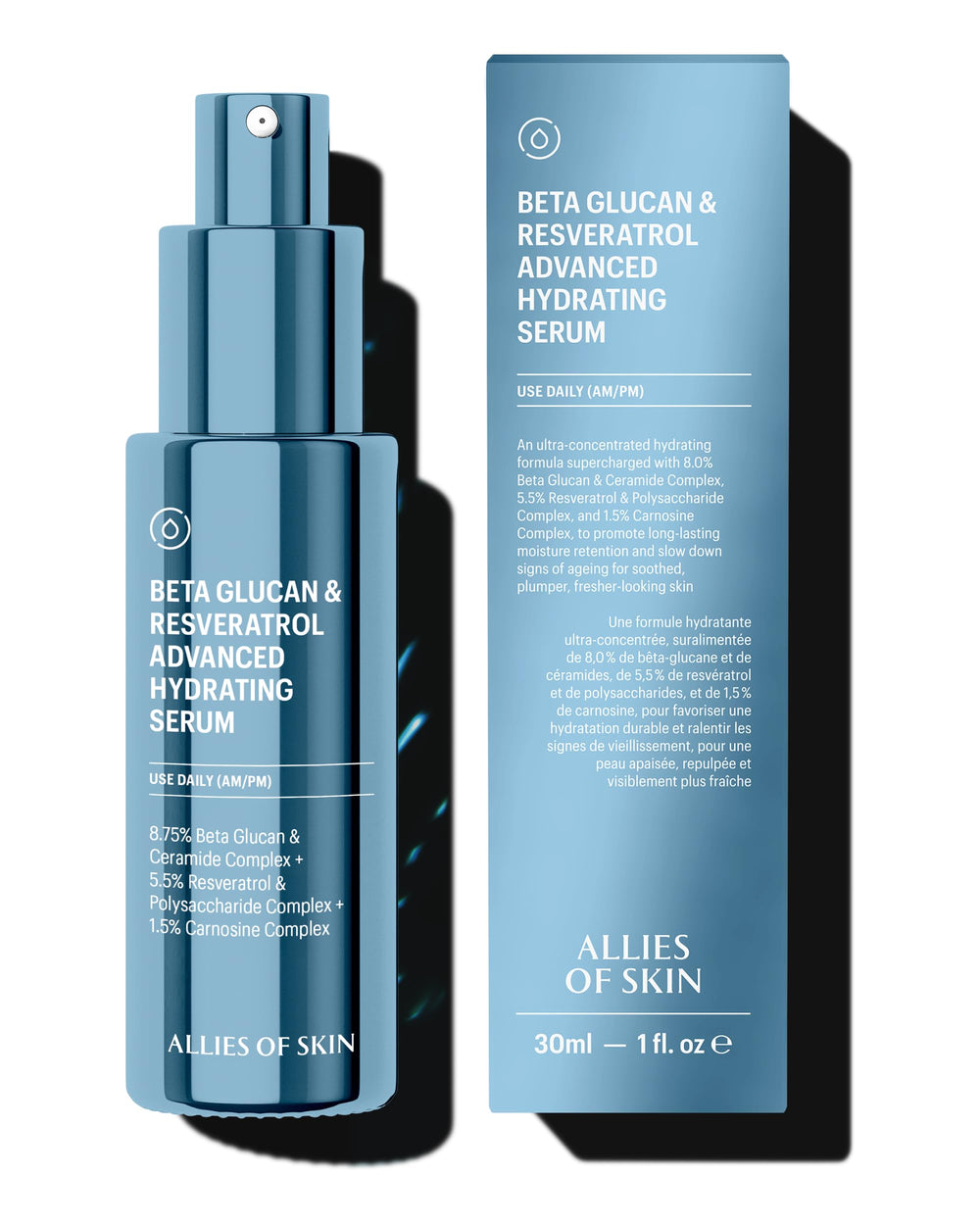 Allies of Skin serum beta glucan-reservatrol en botella, hidratación profunda para piel sensible.