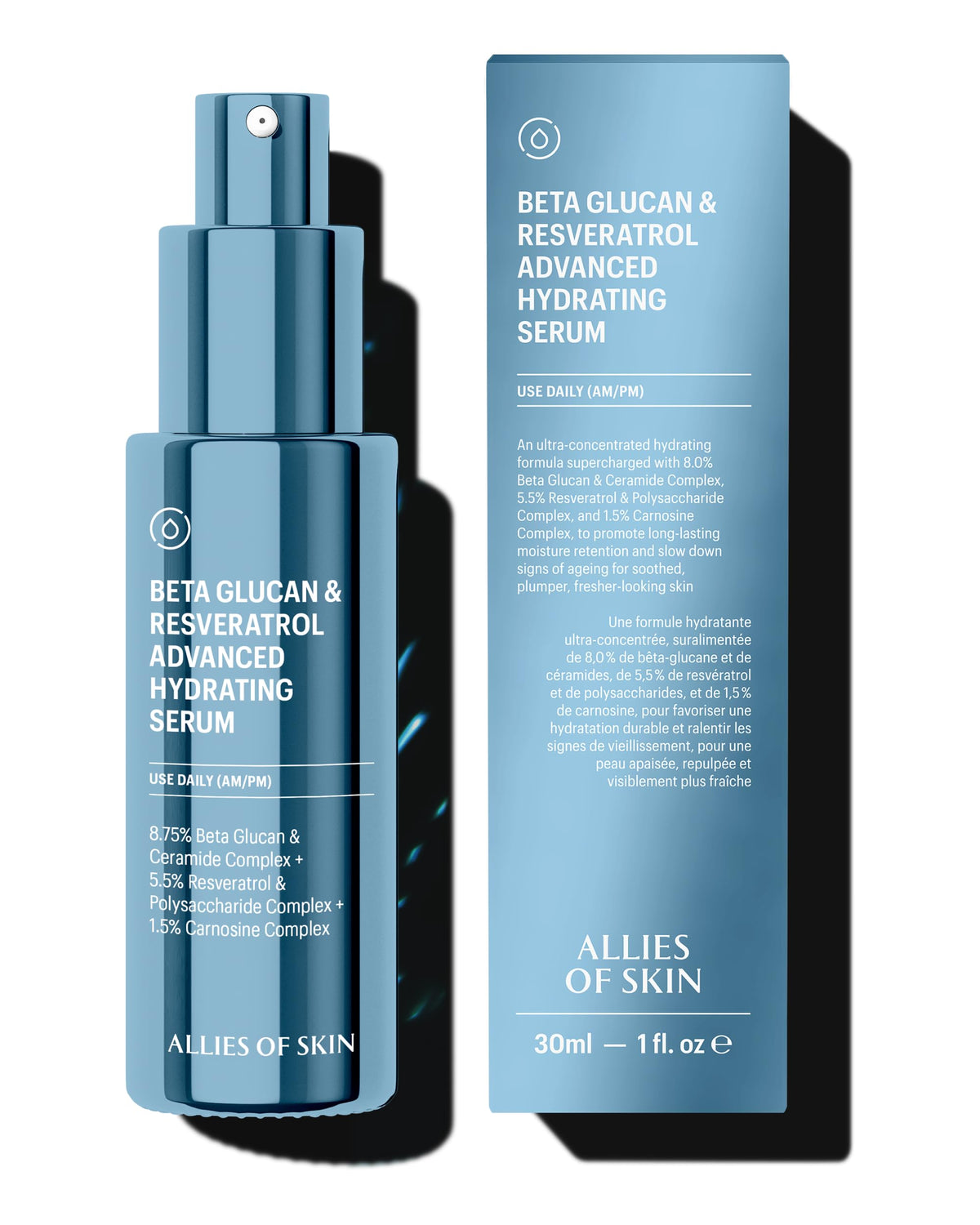 Allies of Skin serum beta glucan-reservatrol en botella, hidratación profunda para piel sensible.