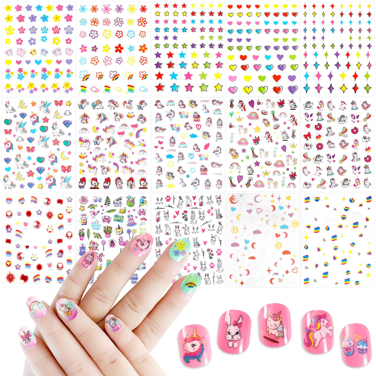 Allstarry nail stickers para niños, unicornio colorido, ideal para manualidades y uñas divertidas.