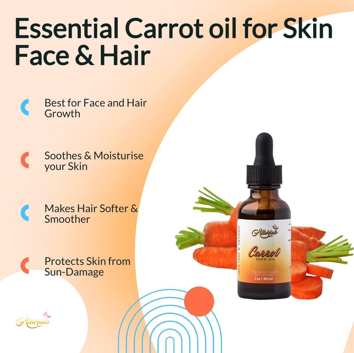 Allurials aceite de zanahoria: gota aplicada para nutrir rostro.