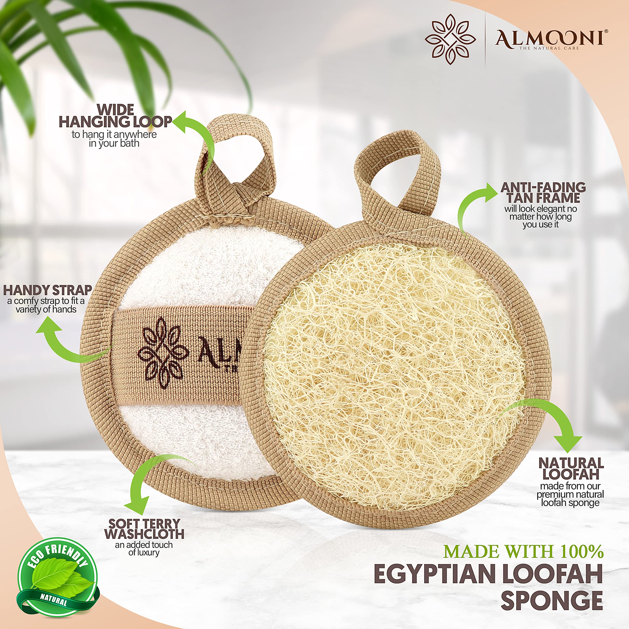 ALMOONI Luffa natural: textura suave para exfoliar rostro y preparar la piel.