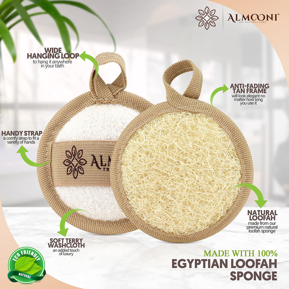 ALMOONI Luffa natural: textura suave para exfoliar rostro y preparar la piel.
