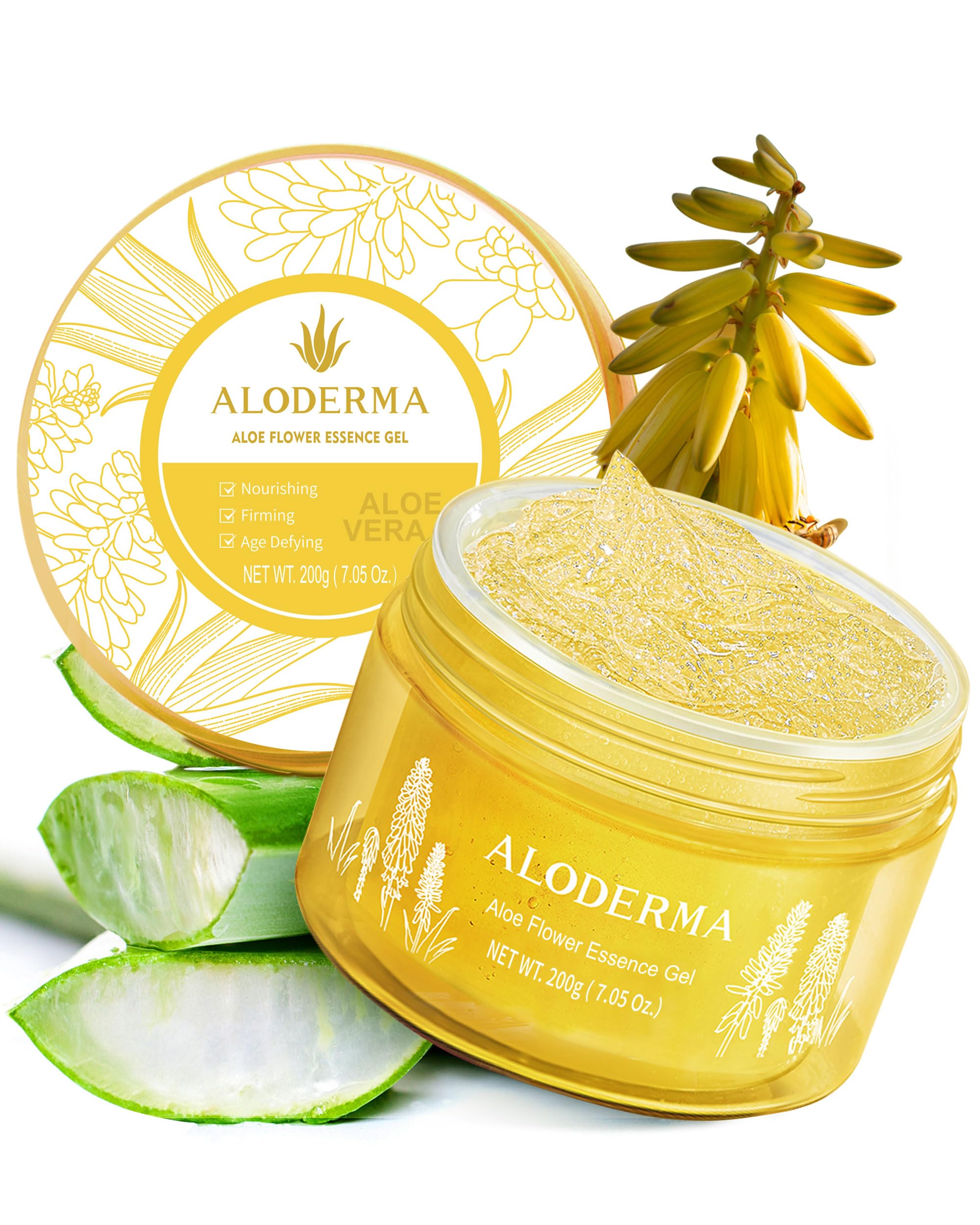 Aloderma Gel Oro 24K con hojas de aloe para hidratación y brillo.