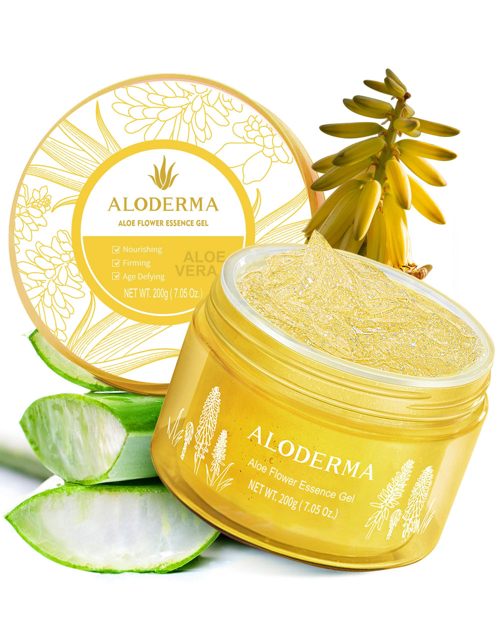 Aloderma Gel Oro 24K con hojas de aloe para hidratación y brillo.