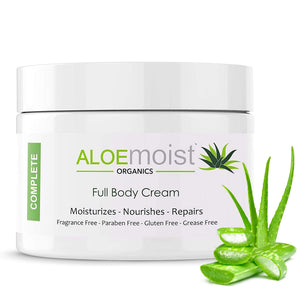 AloeMoist crema de Aloe Vera en envase 4 oz, hidratación profunda para piel seca.