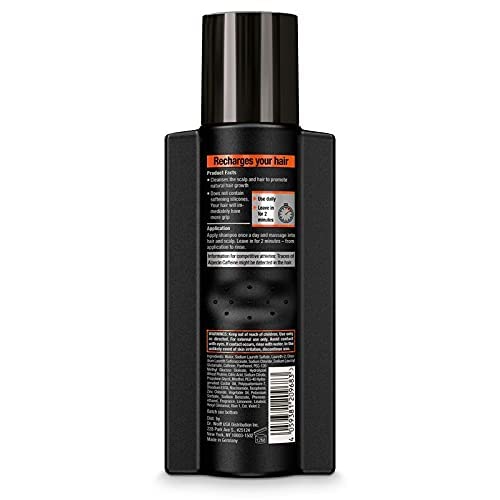 Alpecin Caffeine Champú C1 Edición Negra, detalle de etiqueta, energía para el cabello