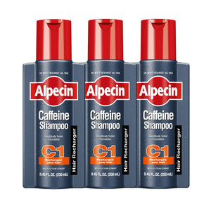 Alpecin cafeína shampoo, envase vertido, energiza el cuero cabelludo durante la ducha.
