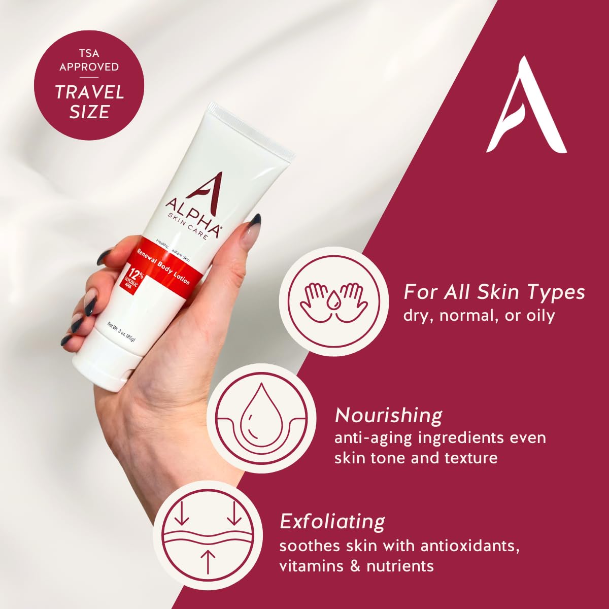Alpha Skin Care locion corporal 12% AHA, etiqueta limpia para uso diario.