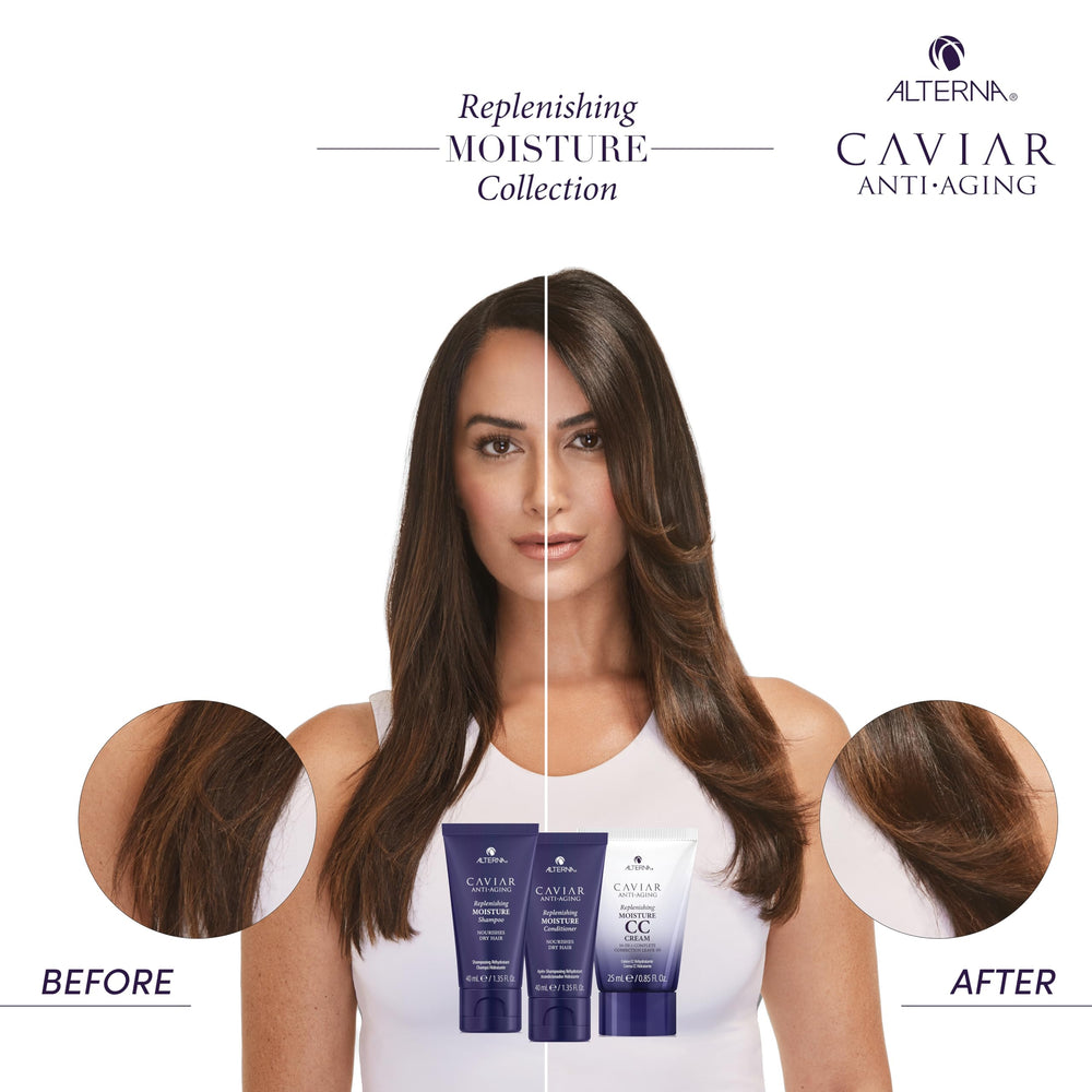 Cabello suave y brillante tras usar productos Alterna, primer plano.