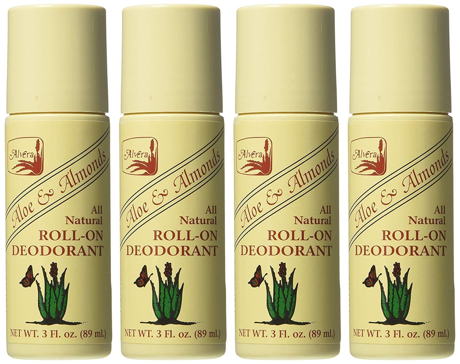 Alvera Desodorante Rodillo Aloe y Almendras, botella de 3 oz lista para uso diario.