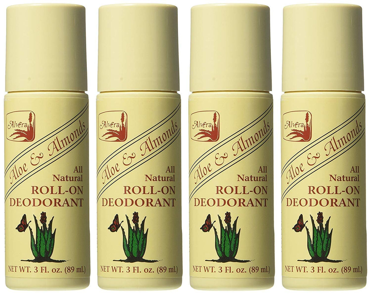 Alvera Desodorante Rodillo Aloe y Almendras, botella de 3 oz lista para uso diario.