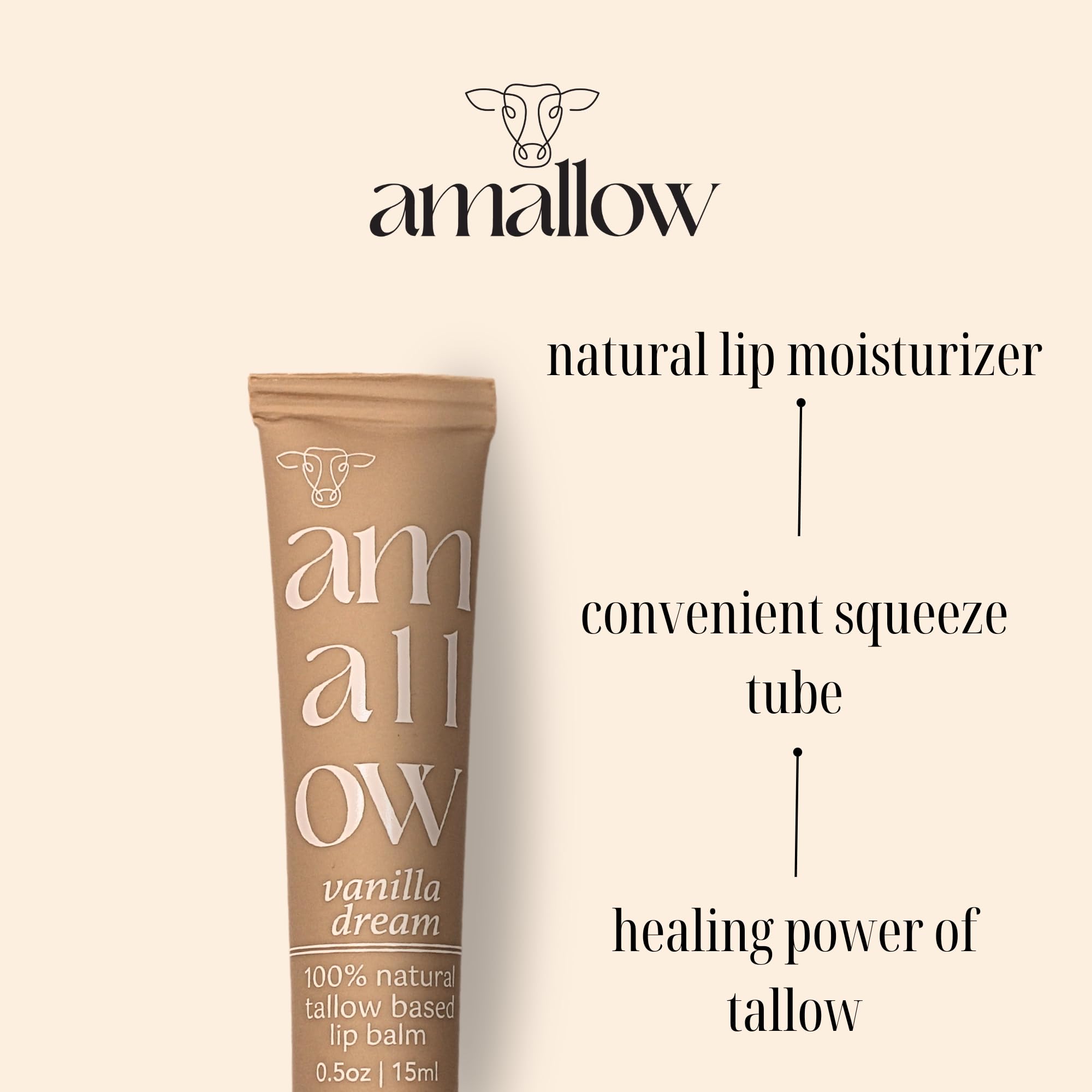 Amallow labial tallow, textura suave con vainilla al aplicar.