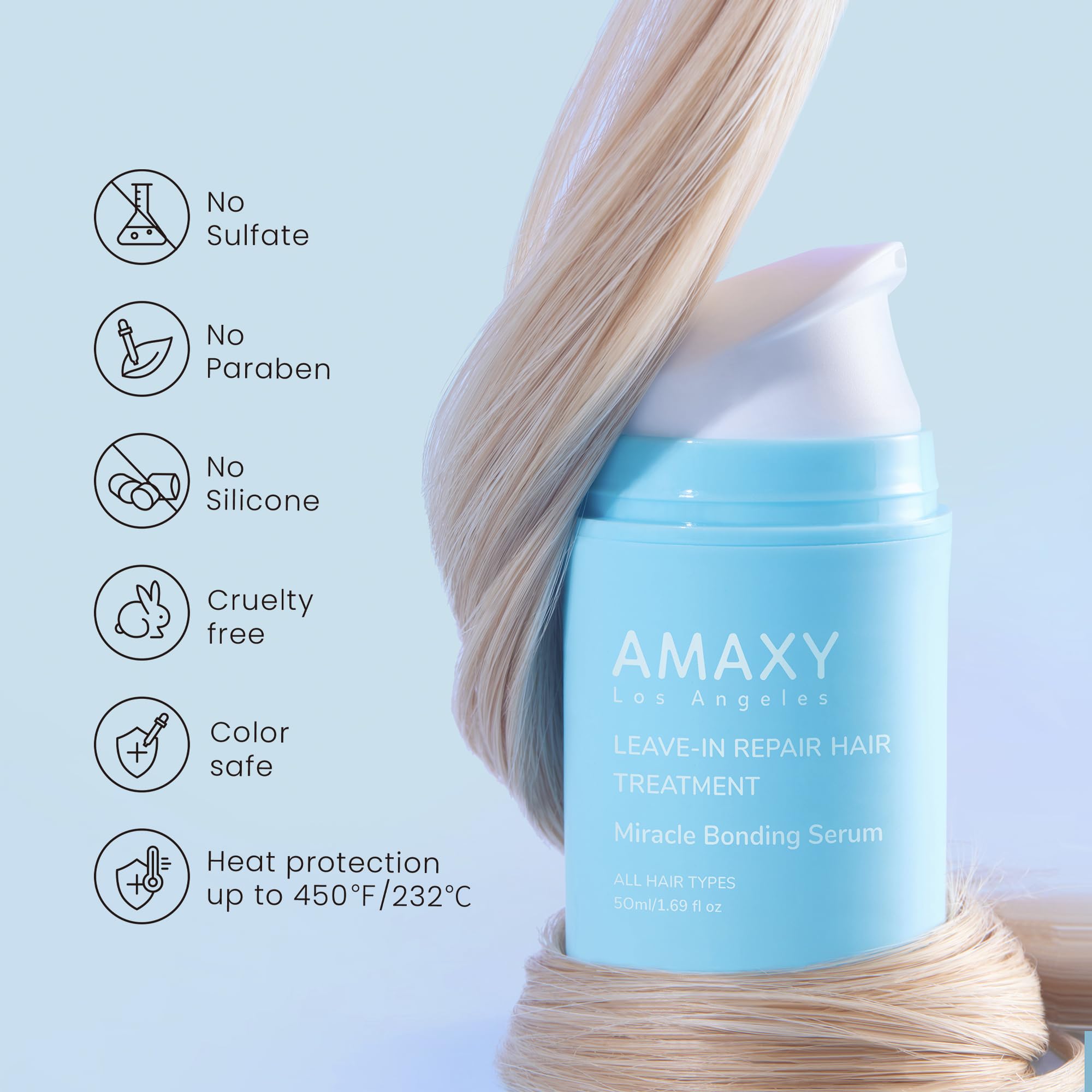 AMAXY Miracle Bonding Serum: protege el cabello con calor hasta 450°F/232°C.