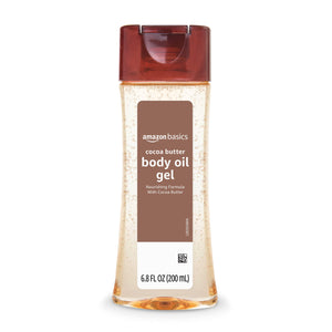 Aceite gel corporal con manteca de cacao de Amazon Basics, botella visible para hidratación profunda