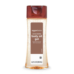 Aceite gel corporal con manteca de cacao de Amazon Basics, botella visible para hidratación profunda