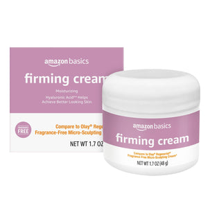 Amazon Basics crema firmeza con ácido hialurónico en frasco, hidratación profunda.