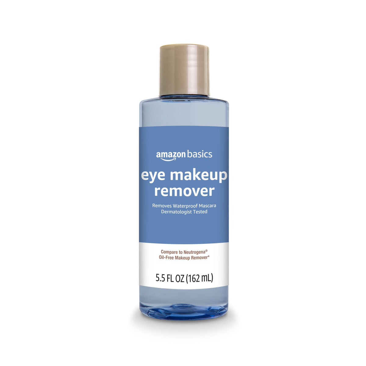 Desmaquillante de ojos Amazon Basics en botella, fácil de usar.