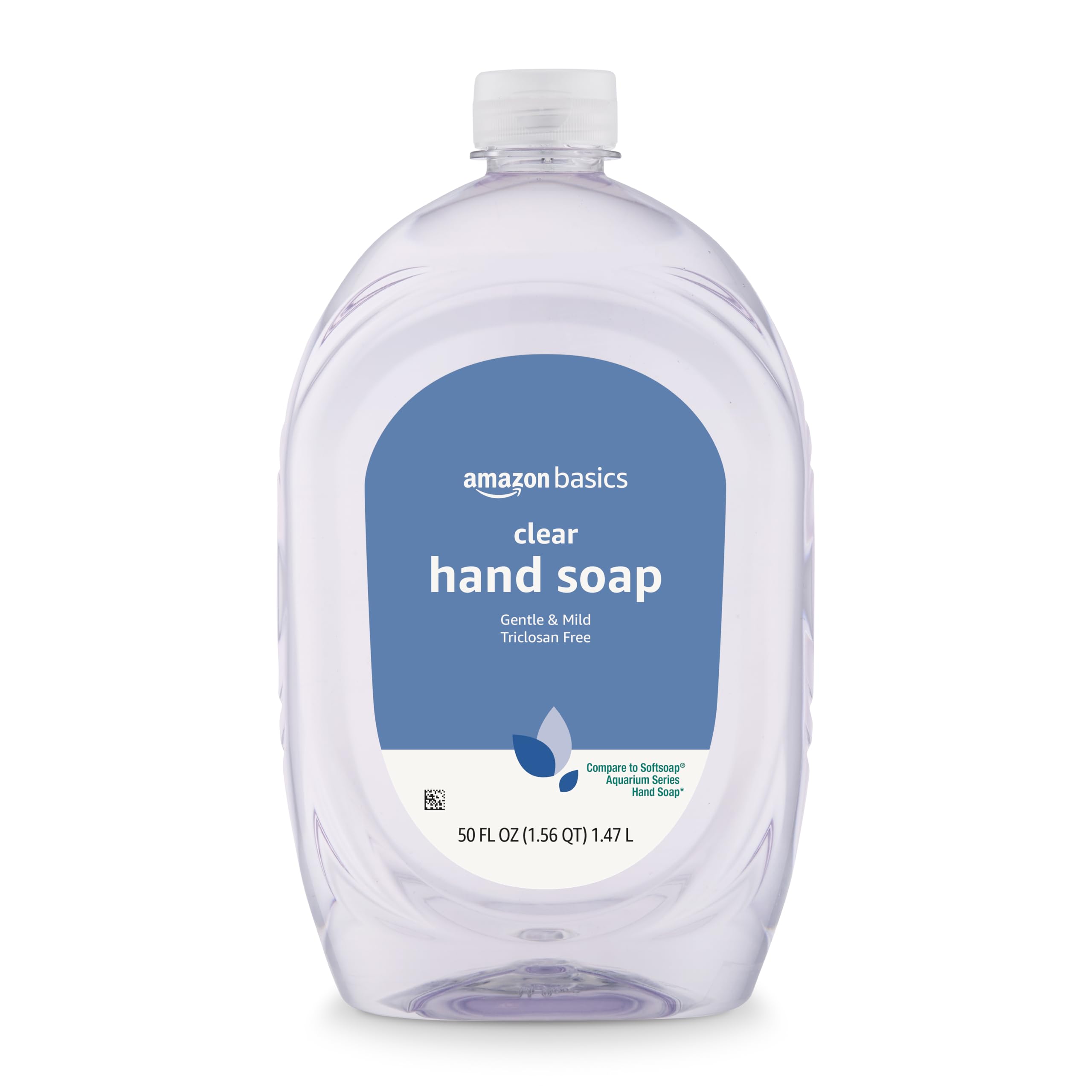 Amazon Basics jabón líquido manos en botella recarga de 50 oz, ideal para uso diario.