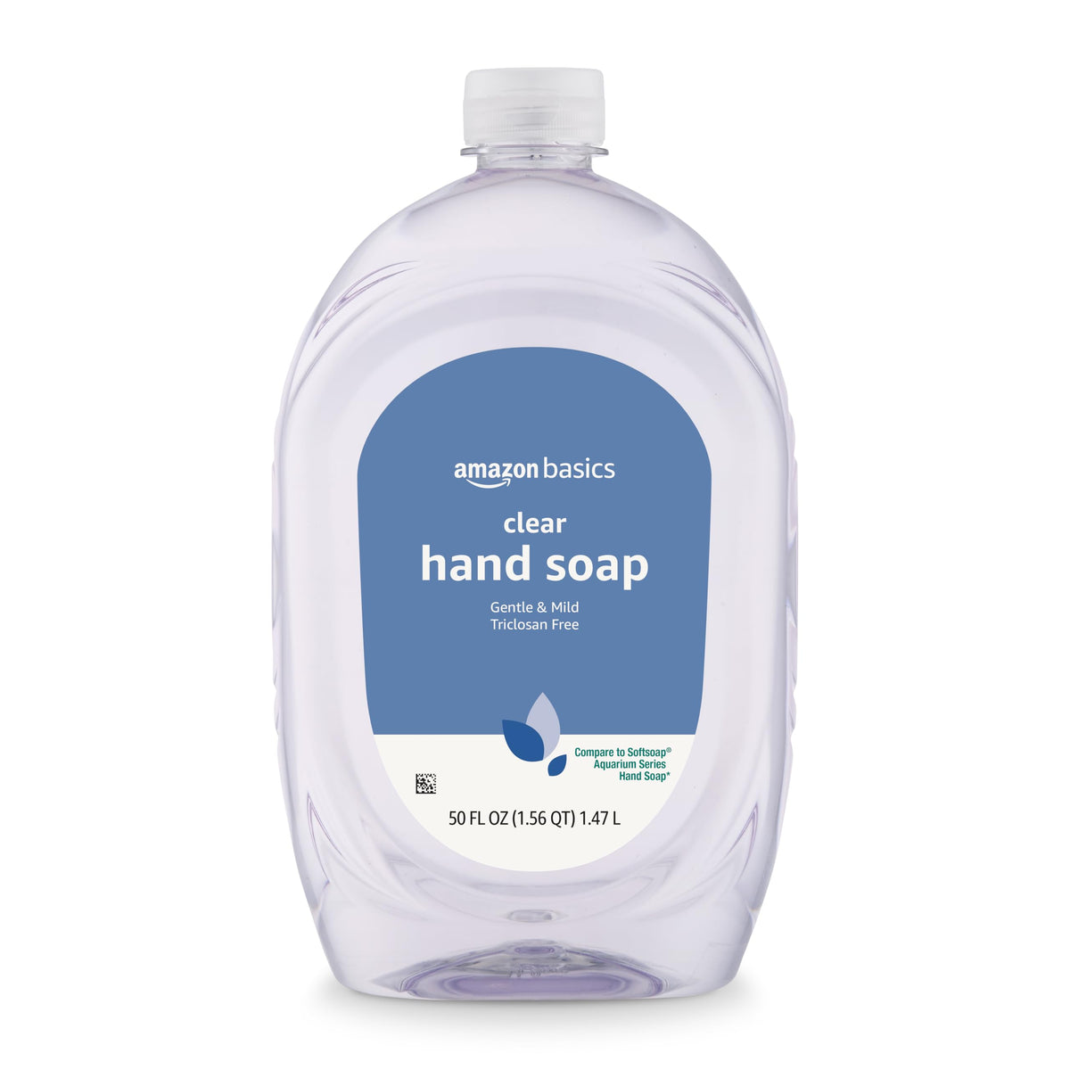 Amazon Basics jabón líquido manos en botella recarga de 50 oz, ideal para uso diario.