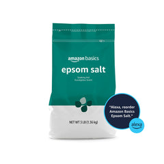 Empaque de Amazon Basics Sal Epsom, fácil almacenamiento y uso repetido.