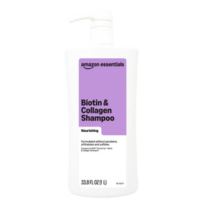 Botella del champú Amazon Essentials Biotina y Colágeno, fortalecimiento diario.