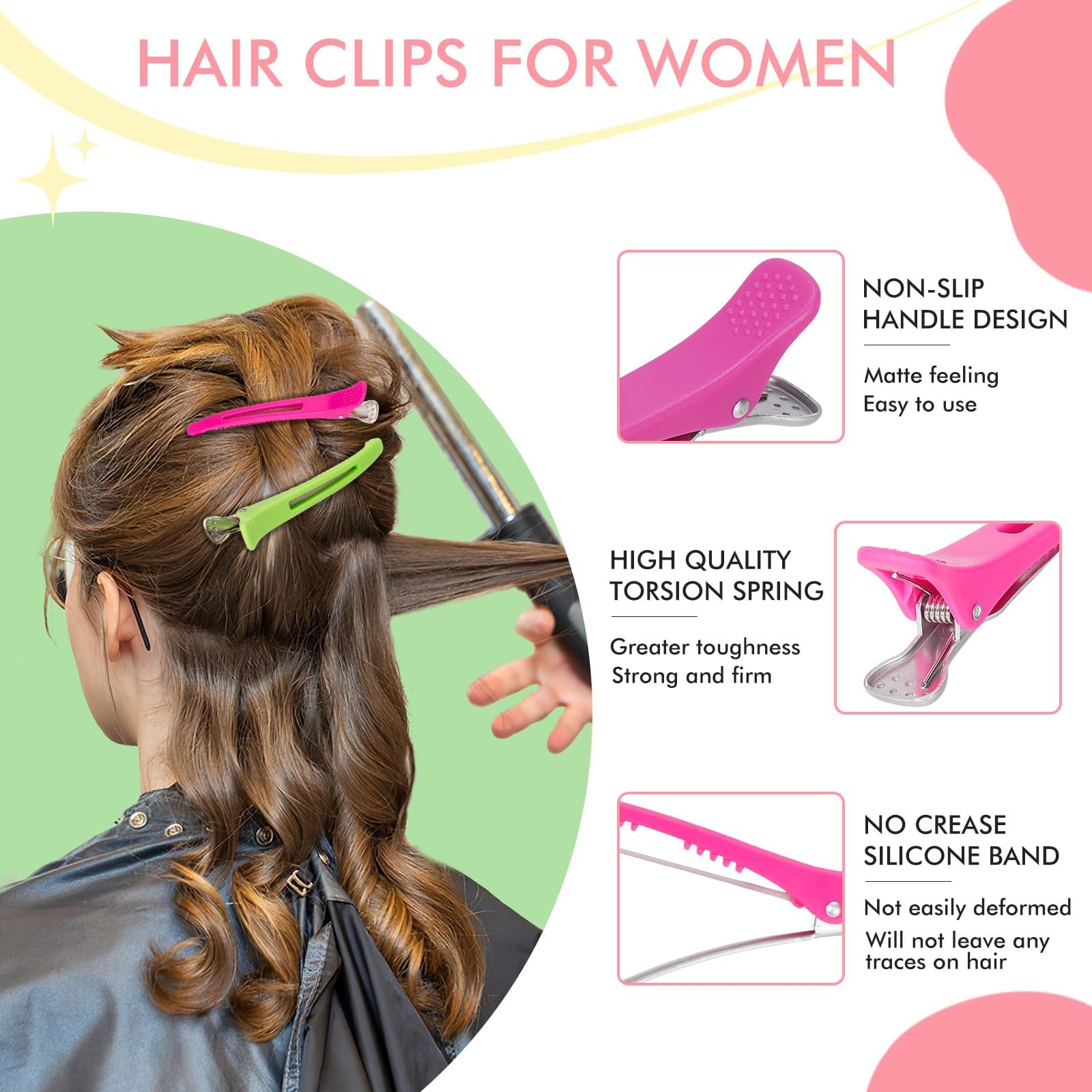 AMIZO pinza pico de pato 4,3 pulgadas neon rosa para crear secciones de cabello con confort.