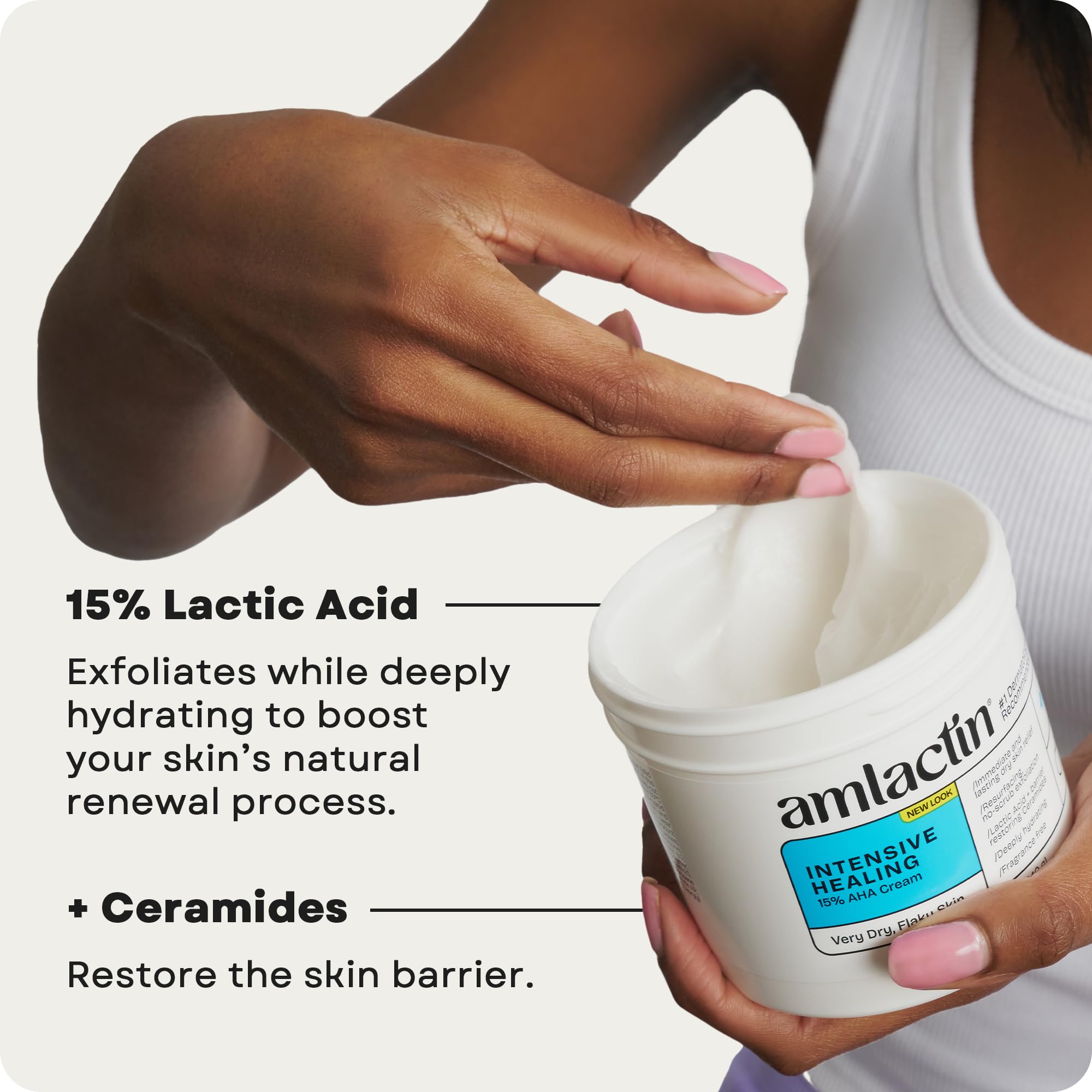 Ceramidas en AmLactin Intensive Healing para restaurar la barrera cutánea.