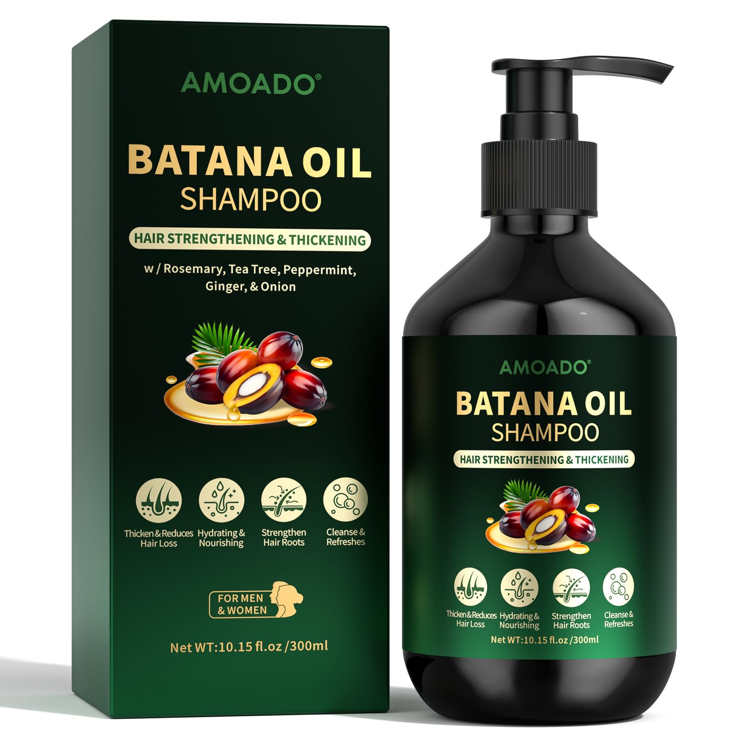AMOADO Batana Shampoo botella: presentación limpia y eficaz para cabello saludable.