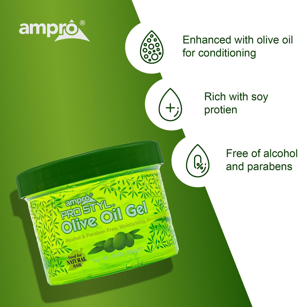 AmPro Pro Styl Gel con aceite de oliva, textura suave para un acabado definido.