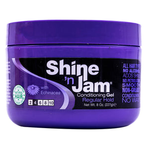 AmPro Shine-n-Jam Gel en bote de 8 oz para fijado firme con brillo no graso.