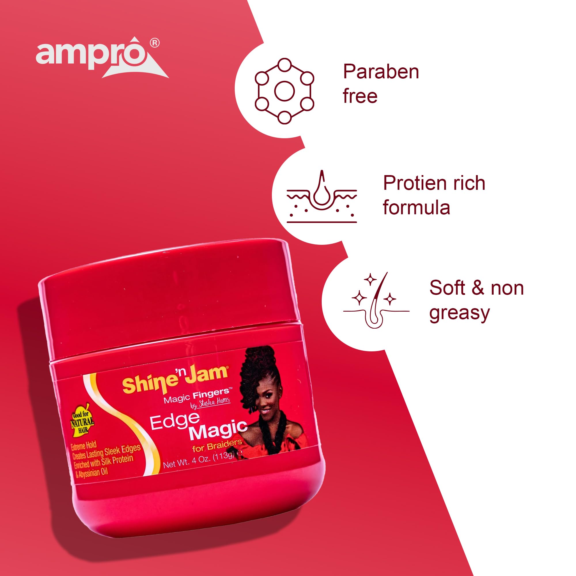 AmPro Shine-n-Jam envase de 4 onzas para fijado duradero.