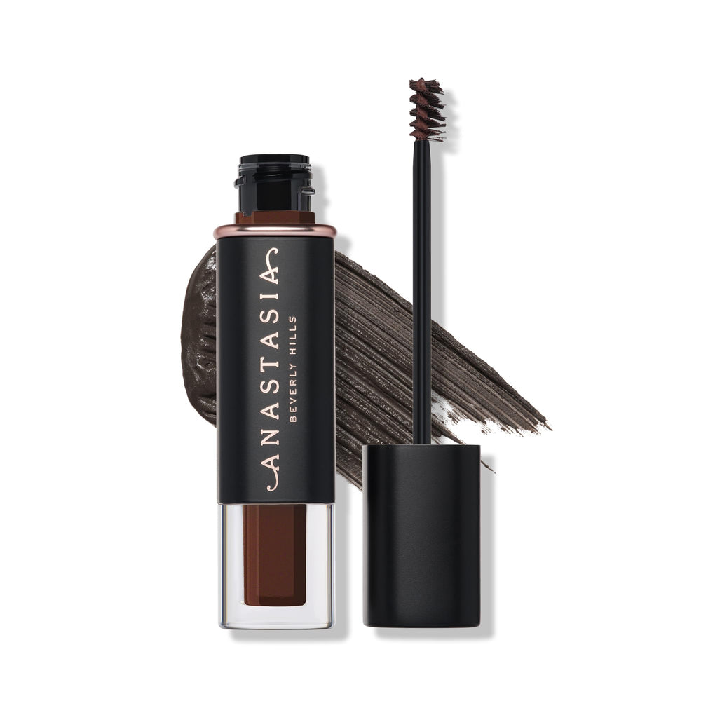 Anastasia Beverly Hills gel voluminizante para cejas, muestra en marrón oscuro para definición suave.