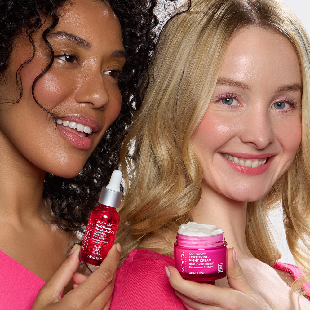 Cuidado piel sensible con Andalou Naturals 1000 Rosas para confort diario.