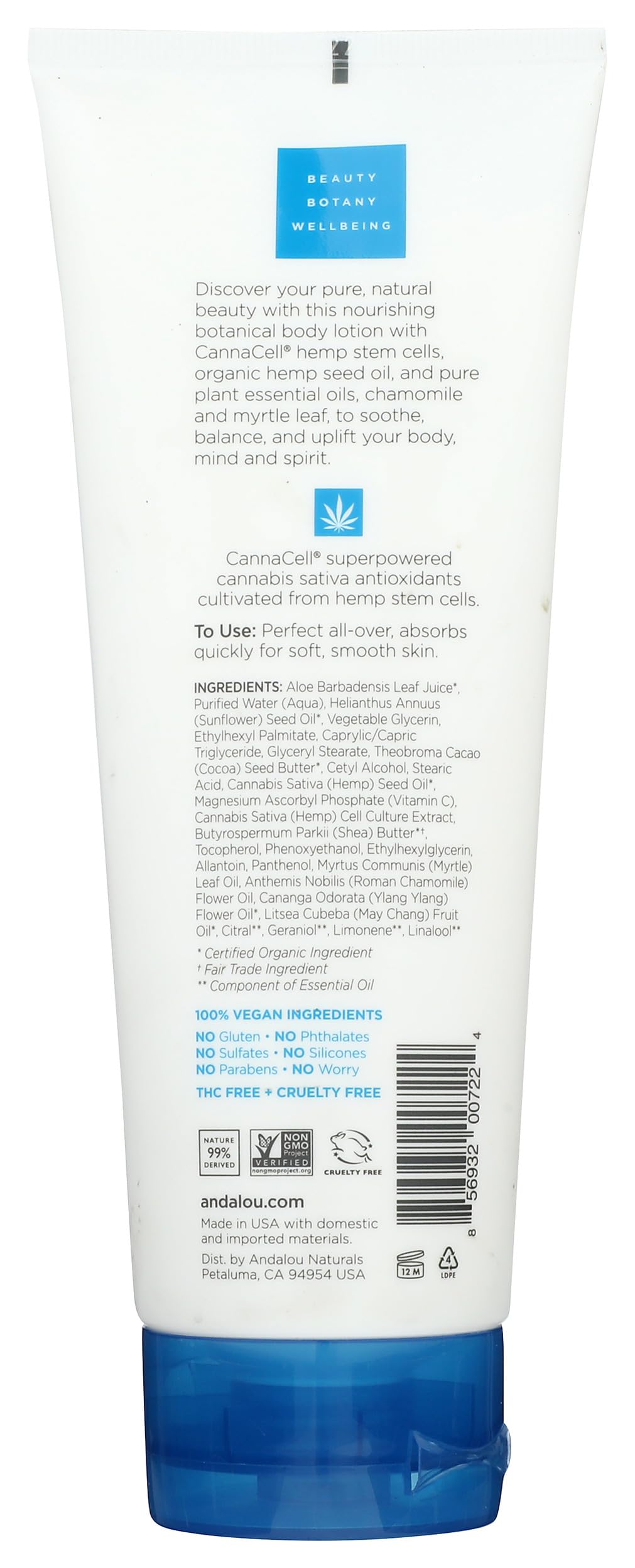 Crema corporal Cannacell con aceites de cáñamo veganos para hidratación profunda.
