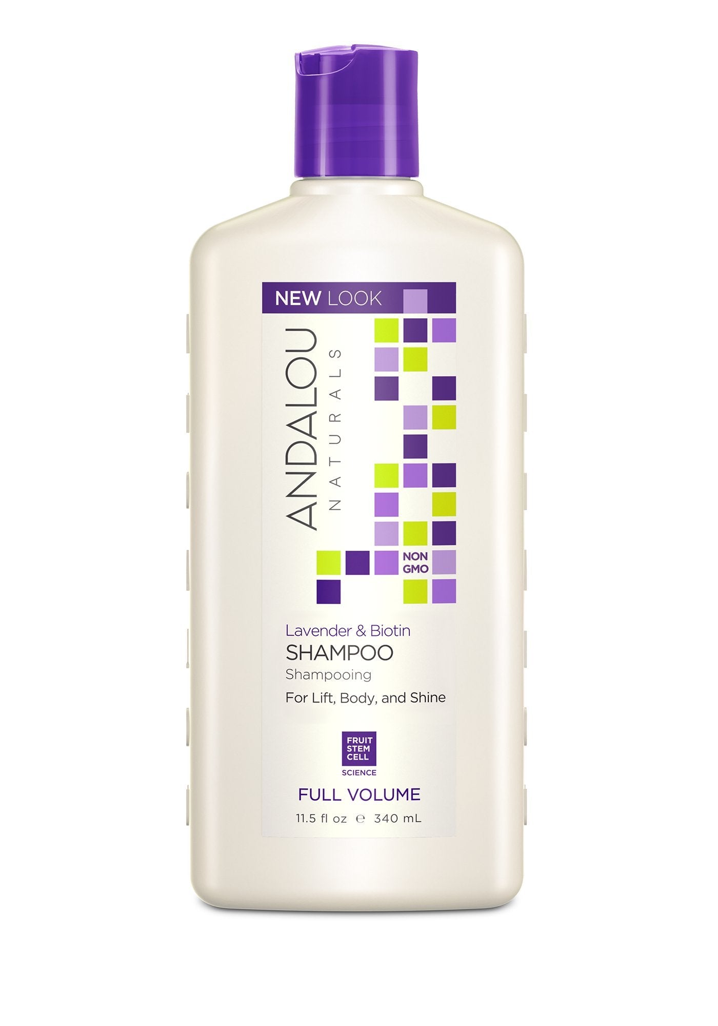 Andalou Naturals champú volumen lavanda biotina, frasco vertido para mayor cuerpo y brillo.