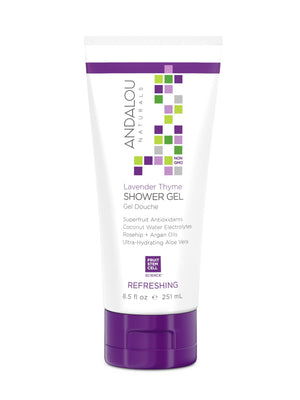 Andalou Naturals Lavanda Tomillo gel de ducha en botella para despertar los sentidos.