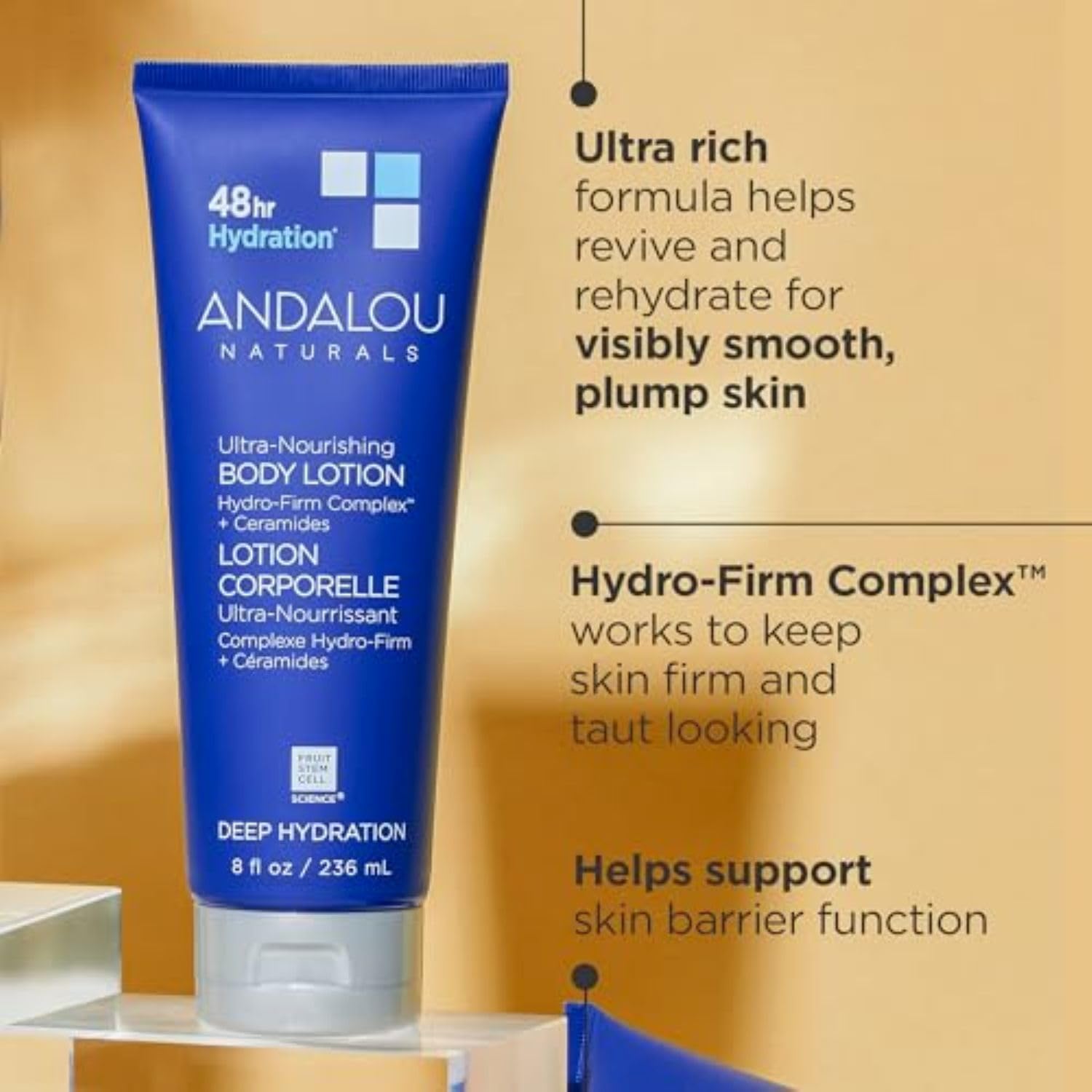 Andalou Naturals Loción Corporal: ceramidas y 48h de hidratación para barrera cutánea.