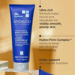 Andalou Naturals Loción Corporal: ceramidas y 48h de hidratación para barrera cutánea.