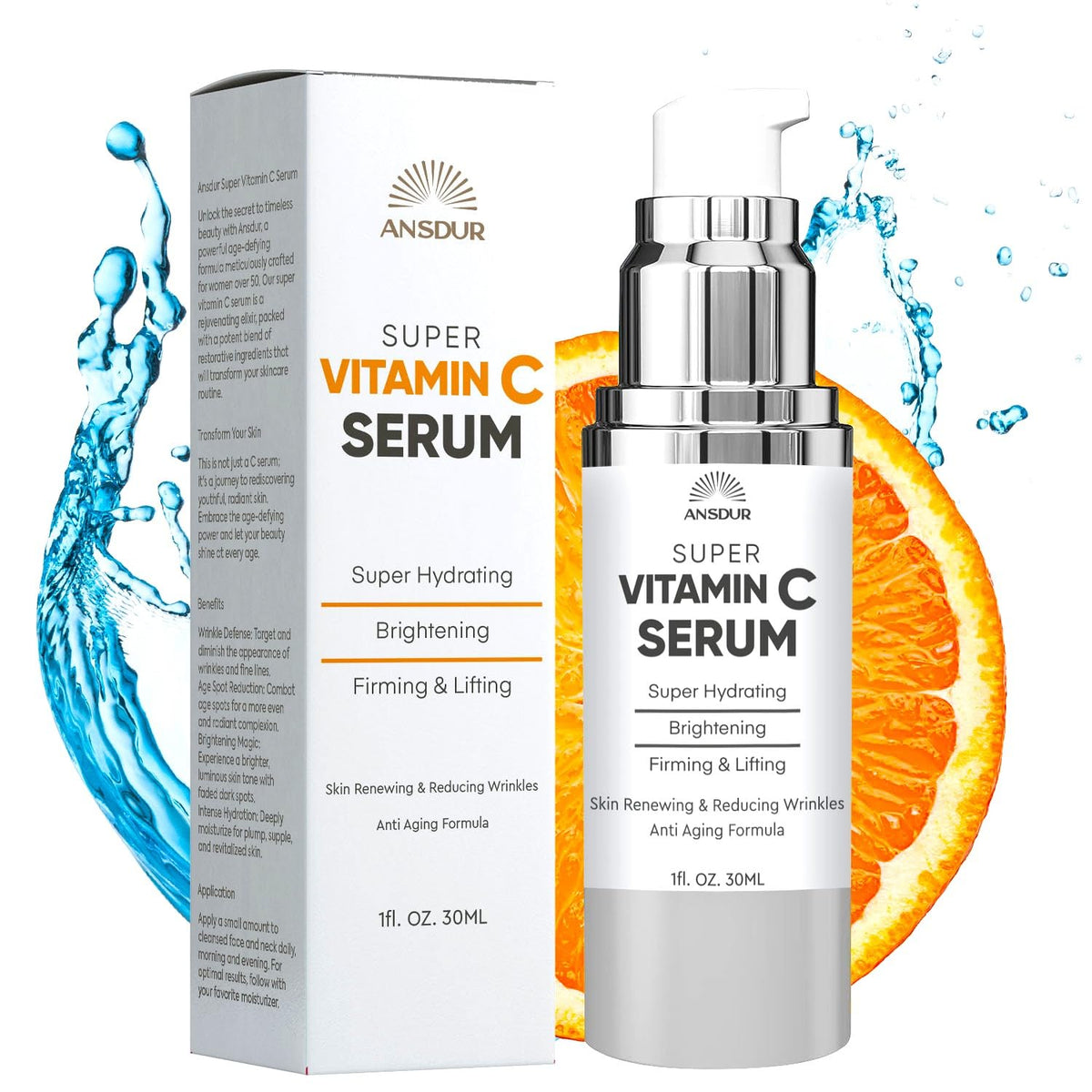 ANSDUR Suero Vitamina C, frasco dorado, aporta brillo suave a la piel