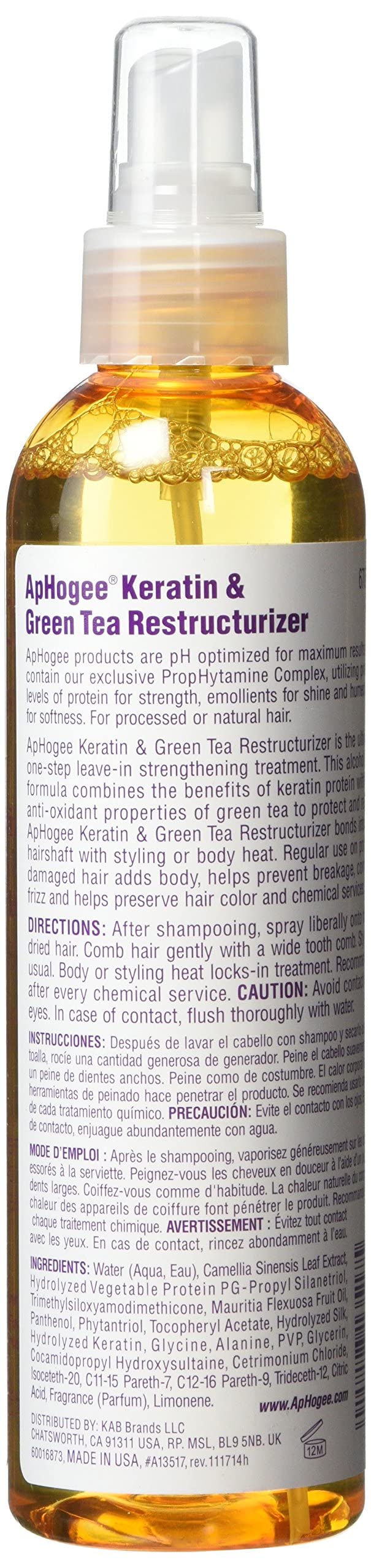 Aphogee queratina y té verde reestructurizador: aplicación diaria para cabello dañado.