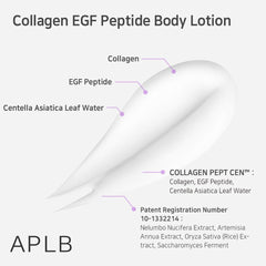 APLB Collagen EGF Peptide Body Lotion, aplicación diaria para piel suave.