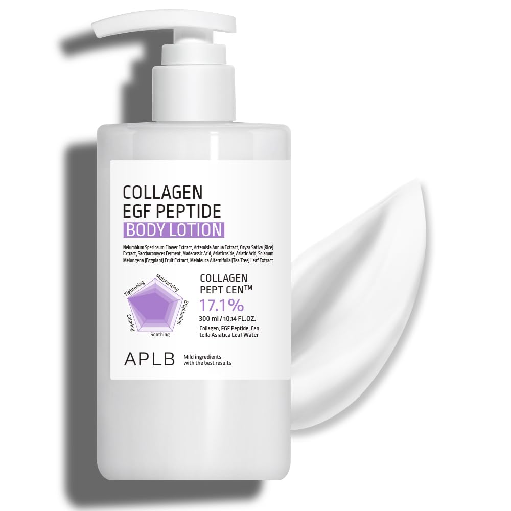 APLB Collagen EGF Peptide Body Lotion, botella elegante, hidratación duradera para la piel.