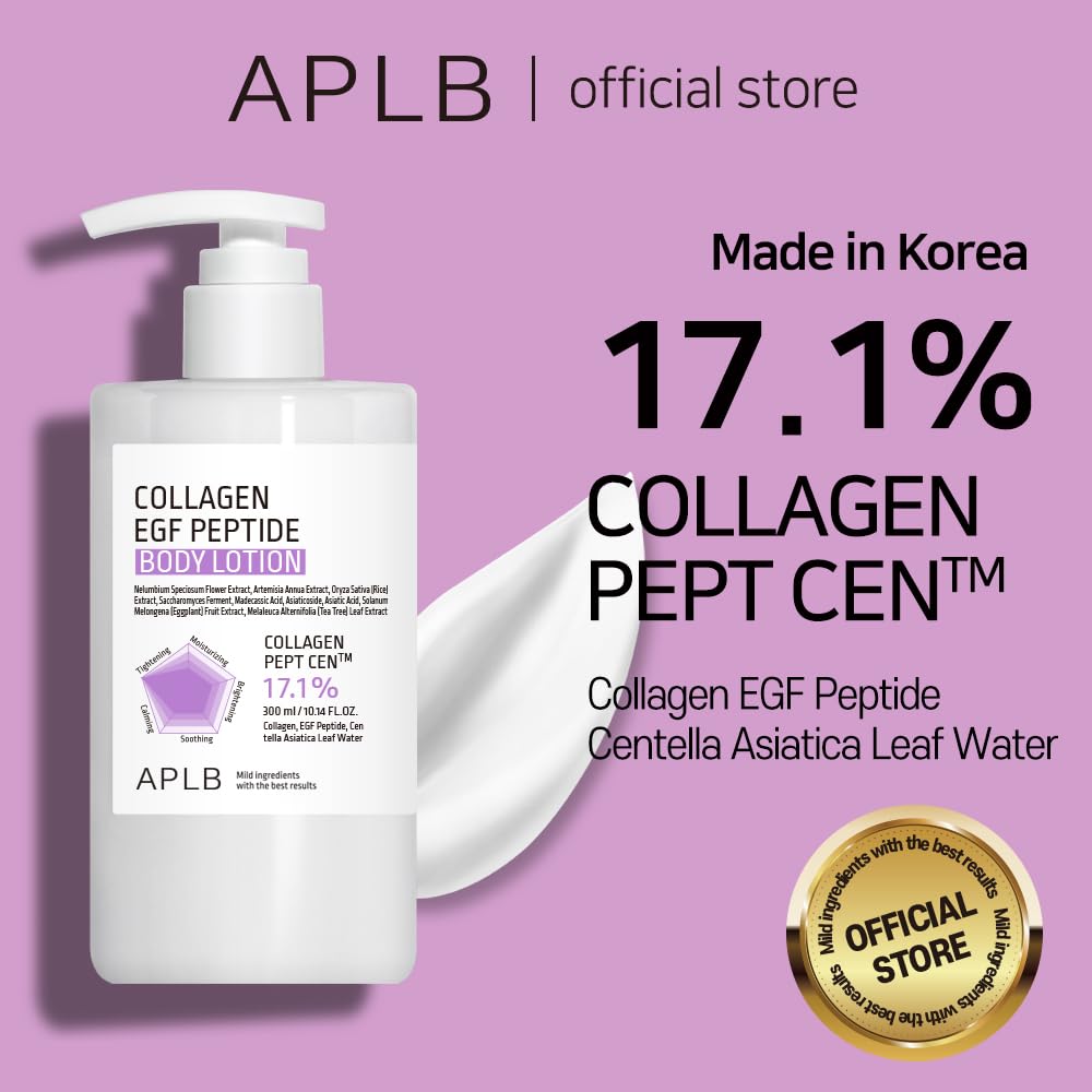 APLB Collagen EGF Peptide Body Lotion, textura cremosa, aplicación suave y rápida.