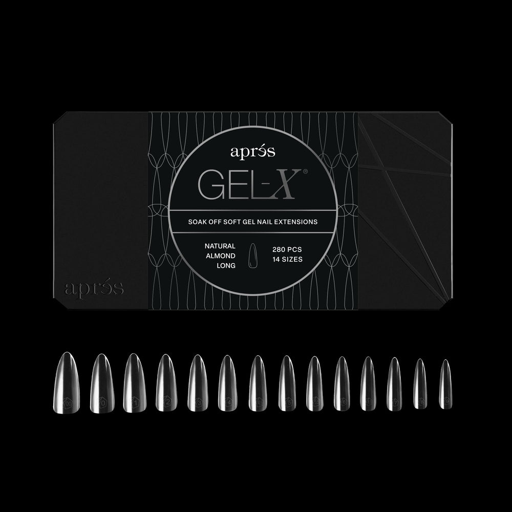 APRÉS Gel-X Almond: caja vista frontal para una presentación profesional.