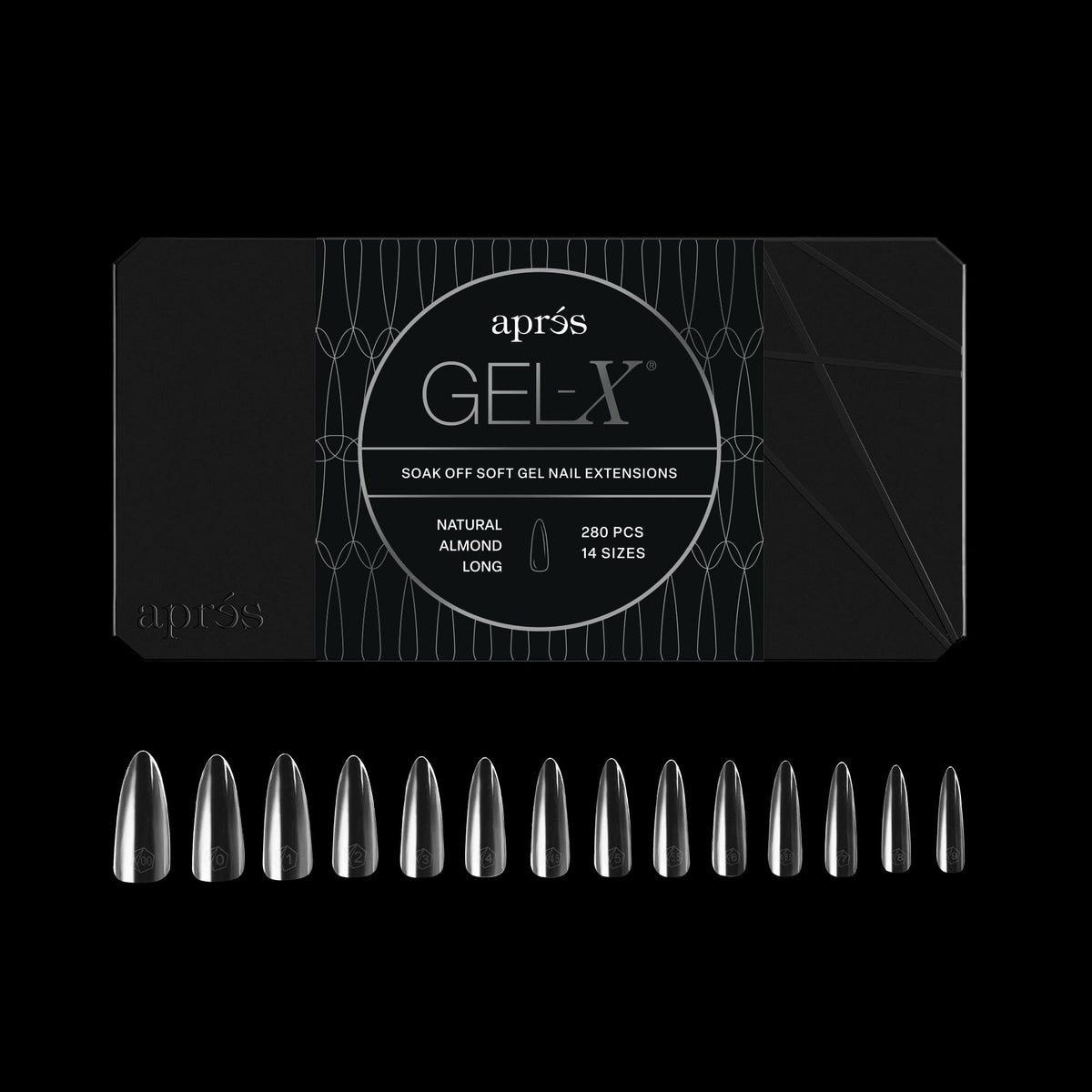 APRÉS Gel-X Almond: caja vista frontal para una presentación profesional.