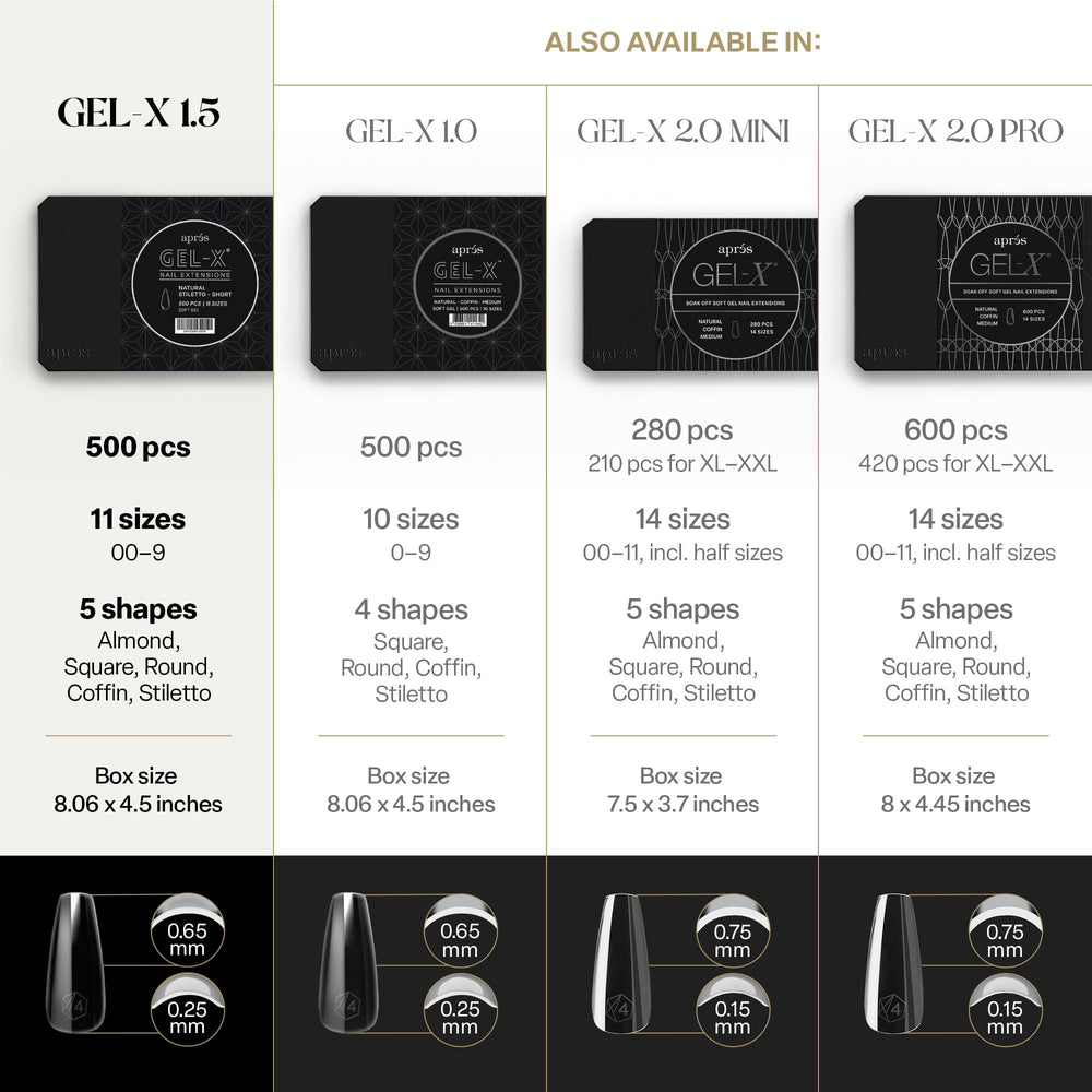 APRÉS Gel-X: variación de tallas 00-9 para ajuste perfecto.