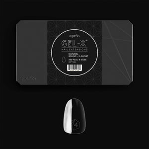 Apres Gel-X tips redondo natural, ajuste perfecto para uñas resistentes.
