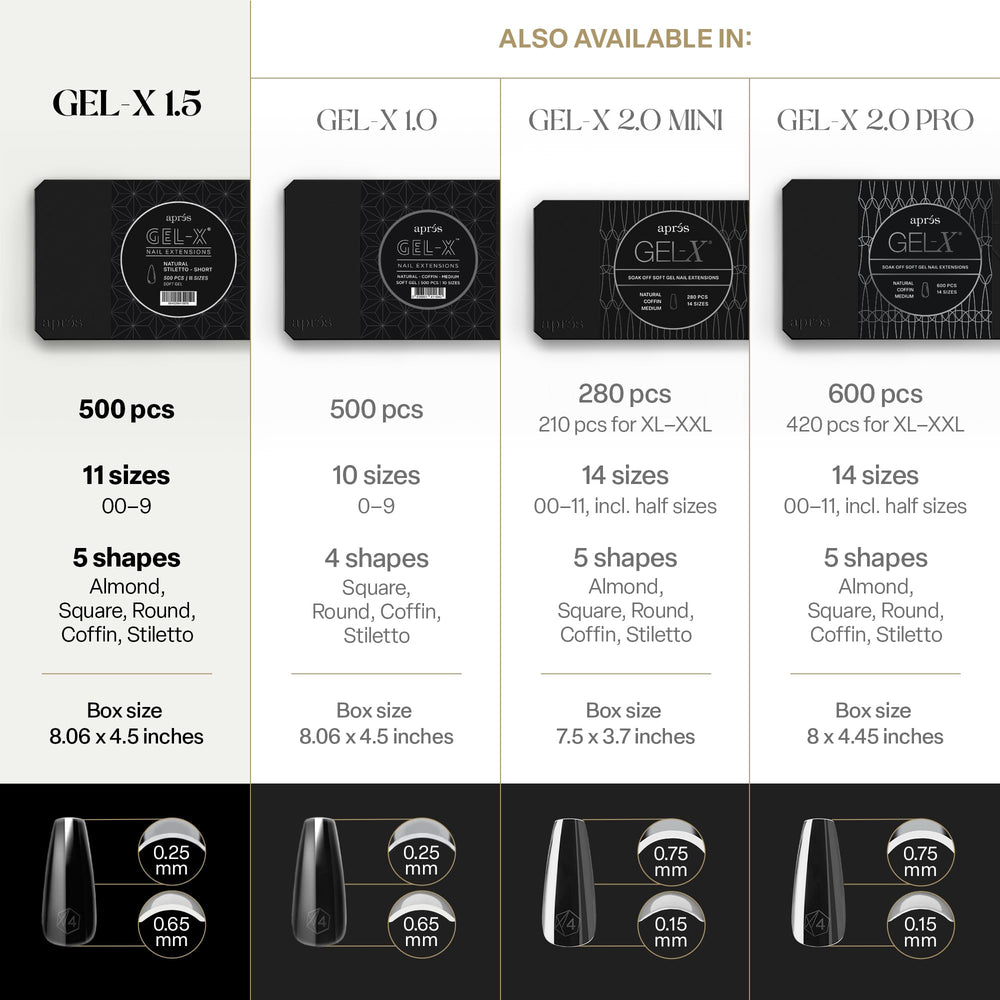 Apres Gel-X tips tallas 00-9, cobertura completa para comodidad profesional.